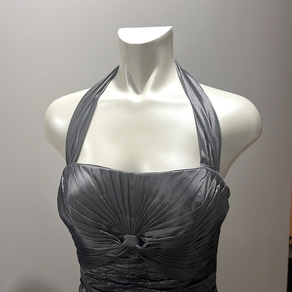Rich grey evening gown with matching shawl.